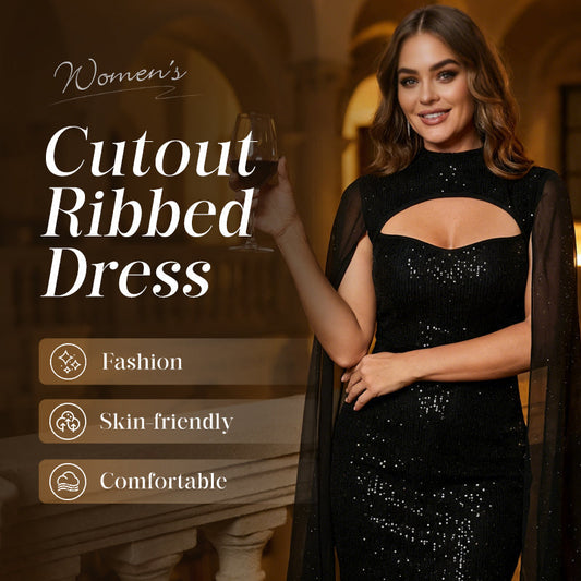 Ausgeschnittenes, geripptes Kleid für Damen mit Chiffon-Cape🔥Kauf 2 Artikel versandkostenfrei
