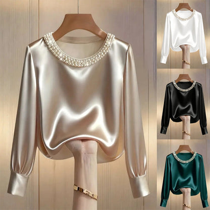 🔥Elegante Damenbluse aus Satin mit Rundhalsausschnitt und synthetischen Perlen🔥Kauf 2 Artikel versandkostenfrei🔥