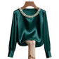 🔥Elegante Damenbluse aus Satin mit Rundhalsausschnitt und synthetischen Perlen🔥Kauf 2 Artikel versandkostenfrei🔥