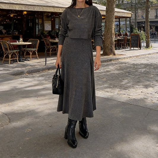 2-teiliges Set aus geripptem, kurz geschnittenem Oberteil und Kleid für Damen🔥Kauf 2 Artikel versandkostenfrei