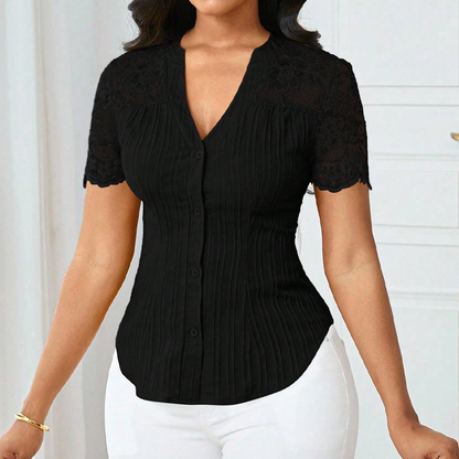 👚Sommerbluse für Damen mit V-Ausschnitt, Spitzenärmeln und Knopfleiste
