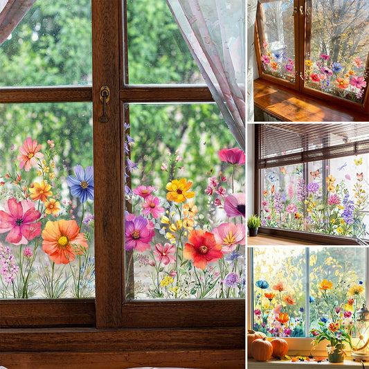 🌼 50% RABATT! 🖼️ Bunter Blumenstrauß-Fensteraufkleber – LETZTER TAG – Selbstklebend, Rückstandslos entfernbar & Sonnenschutz 🌸