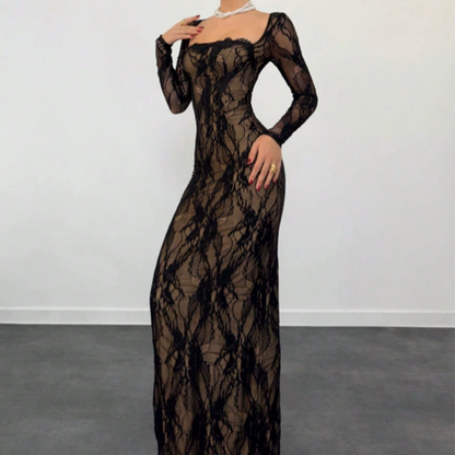 Maxikleid mit langen Ärmeln und Spitzenbesatz, figurbetont