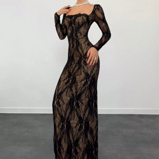 Maxikleid mit langen Ärmeln und Spitzenbesatz, figurbetont