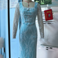Maxikleid mit langen Ärmeln und Spitzenbesatz, figurbetont