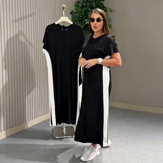 Maxikleid für Damen mit Farbblock und Gürtel