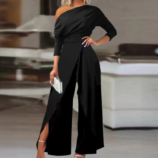👗 Elegante Ein-Schulter-Jumpsuit für Damen – Weite Beine, Wickelrock-Design & Atmungsaktiv – Für Cocktailpartys & Hochzeiten🖤