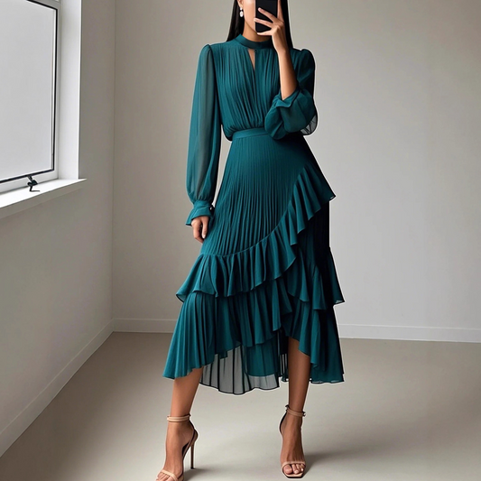 🌞Frühlingserwachen: 50% Rabatt!✨ Damen Plissee-Midikleid mit Volants & Schlüsselloch-Ausschnitt: Transparente Ärmel + taillierte Passform – Elegant für Gala & Abendveranstaltungen