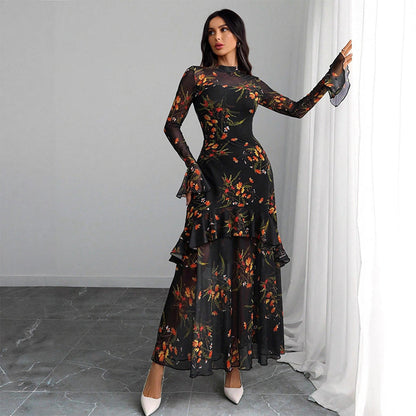 🌞Frühlingserwachen: 50% Rabatt!✨ Damen Maxikleid mit Blumenprint, transparentem Mesh & Rüschensaum – Bodycon-Passform für Gala & Abendveranstaltungen