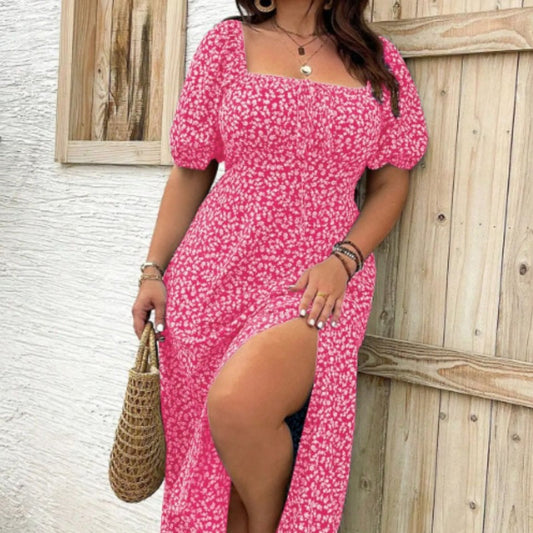 💖LETZTER TAG IM ANGEBOT: 50 % RABATT💐Kurzärmeliges Kleid mit Schlitz und Blumenmuster