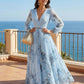🌞Frühlingserwachen: 50% Rabatt!✨ Elegantes Hellblau Floral Maxikleid – V-Ausschnitt, Plissee & Hohe Taille für Fest & Urlaub