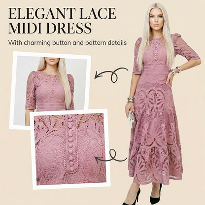 Damen-Partykleid mit halben Ärmeln, Rundhalsausschnitt und floraler Spitze