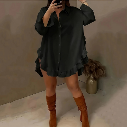 Oversized-Minikleid für Damen mit Knopfleiste und Rüschen am Saum