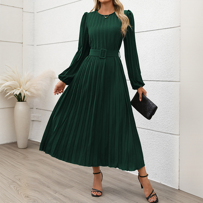 Elegantes, langärmeliges Midikleid mit Falten und Gürtel