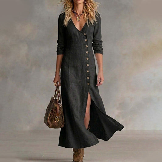 Maxikleid mit langen Ärmeln, V-Ausschnitt und Knopfleiste für Damen