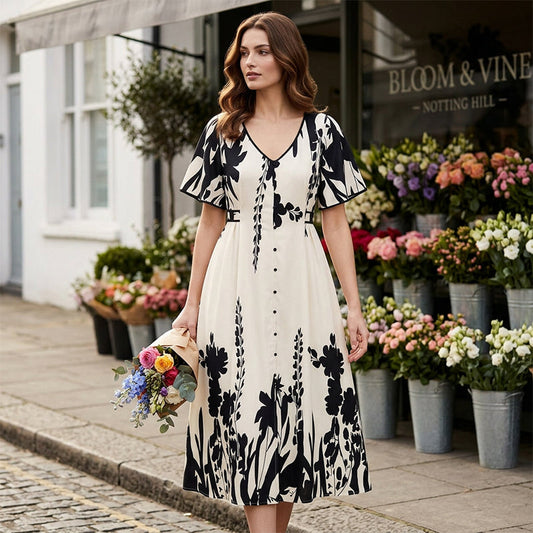 Elegantes botanisch bedrucktes V-Ausschnitt-Midikleid