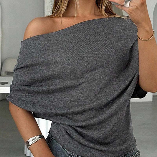 👚 🌿 Weiches geripptes Strick-Off-Shoulder-Top mit asymmetrischem Design und Fledermausärmeln. 💖