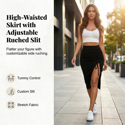 🌸Figurschmeichelnder High-Waist Rock mit Raffung – Von klassisch Schwarz bis Leo-Chic