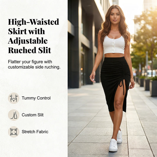 🌸Figurschmeichelnder High-Waist Rock mit Raffung – Von klassisch Schwarz bis Leo-Chic