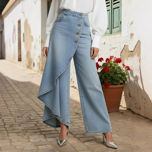 ⏰Asymmetrische Wickeljeans 👖 – trifft Culottes auf Hose. Hochgeschnitten für optisch längere Beine, weit & fließend, mit diagonalen Knöpfen. Im Handumdrehen zur Fashionista! ✨
