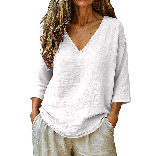 💖👕 Lässige Damenbluse mit V-Ausschnitt & Dreiviertelärmeln – lockerer Schnitt, schmeichelhafte Passform. ✨