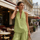 Set aus einem Halterneck-Oberteil aus Baumwoll-Leinen und einer Hose mit weitem Bein für Damen