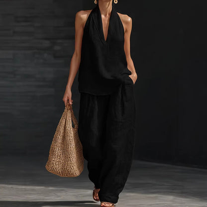 Set aus einem Halterneck-Oberteil aus Baumwoll-Leinen und einer Hose mit weitem Bein für Damen