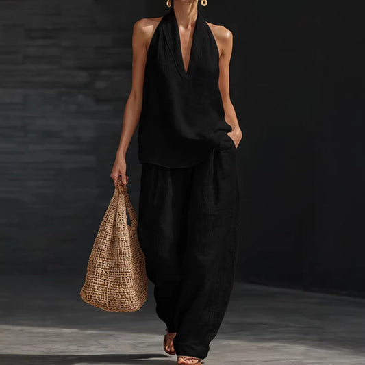 Set aus einem Halterneck-Oberteil aus Baumwoll-Leinen und einer Hose mit weitem Bein für Damen