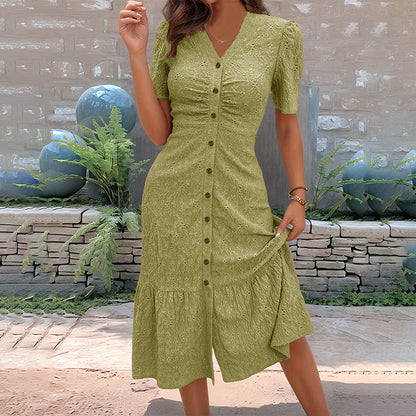 👗🌸 Blondes Midikleid mit V-Ausschnitt und Puffärmeln