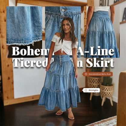 💙 50% RABATT! 👗 Damen Hochbund Stufenrock A-Linie Denim Maxirock – Figurumschmeichelnd, müheloser Chic & perfekt für jeden Tag