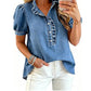 👚🌸 Denim-Bluse mit Rüschen-V-Ausschnitt und Puffärmeln