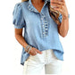 👚🌸 Denim-Bluse mit Rüschen-V-Ausschnitt und Puffärmeln