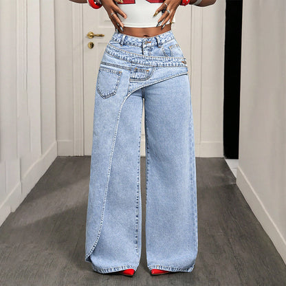 👖✨ Asymmetrische Jeans mit weitem Bein – bequem und vielseitig.