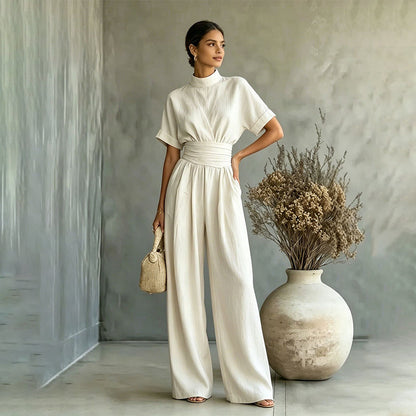 Qualität überzeugt! Kurzärmeliger Jumpsuit für Damen mit Stehkragen und weitem Bein