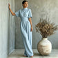 Qualität überzeugt! Kurzärmeliger Jumpsuit für Damen mit Stehkragen und weitem Bein