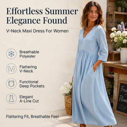 👗Maxikleid für Damen mit V-Ausschnitt und 3/4-Ärmeln