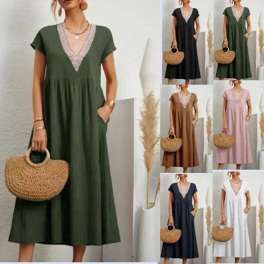 👗🌿 Lockeres V-Ausschnitt-Kurzarmkleid