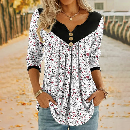 🌸✨ Vintage Blumenprint-Langarm-T-Shirt mit V-Ausschnitt