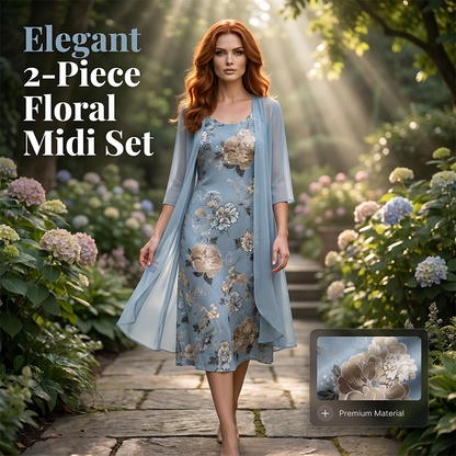 🌺👗 Leichtes Blumen-Midikleid-Set mit Strickjacke