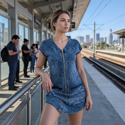 Damen lässiges Kurzarm-Reißverschluss-Kleid