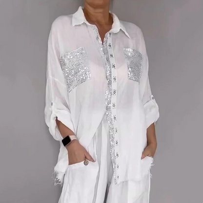 ✨👖 Pailletten-Bluse und weite Hose – elegantes Set