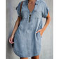 👗Lässiges Jeanshemdkleid für Damen, locker geschnitten, mit Reverskragen, kurzen Ärmeln, Reißverschluss und Taschen