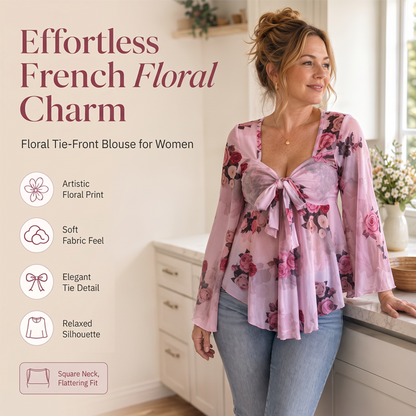 🔥Sommer-Bestseller🔥🌸 Bluse mit Blumenmuster, quadratischem Ausschnitt und Bindeband vorne