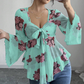 🔥Sommer-Bestseller🔥🌸 Bluse mit Blumenmuster, quadratischem Ausschnitt und Bindeband vorne
