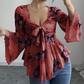 🔥Sommer-Bestseller🔥🌸 Bluse mit Blumenmuster, quadratischem Ausschnitt und Bindeband vorne