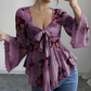 🔥Sommer-Bestseller🔥🌸 Bluse mit Blumenmuster, quadratischem Ausschnitt und Bindeband vorne