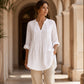 Damen lässiges V-Ausschnitt-Bindefalten-Oberteil