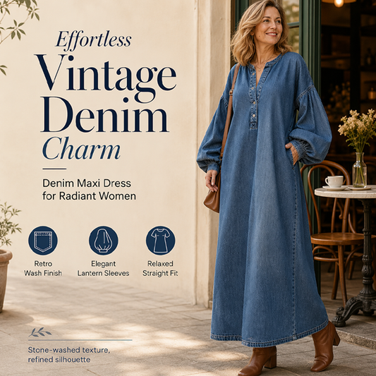 🌿 Maxi-Jeanskleid mit Laternenärmeln – atmungsaktiv und vielseitig für jeden Anlass