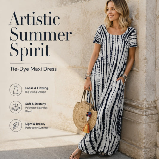 Aktueller Trend⭐💃 Fließendes Midi-Kleid im Tie-Dye-Look mit elegantem Fall – vielseitiger Stil für Urlaub und Stadtrundgänge