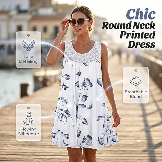 👗 Ärmelloses Kleid mit Rundhalsausschnitt und Print sowie Spitzenbesatz – atmungsaktiv und leicht für Eleganz im Alltag
